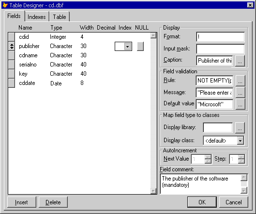 [Database options in the VFP Table Designer]